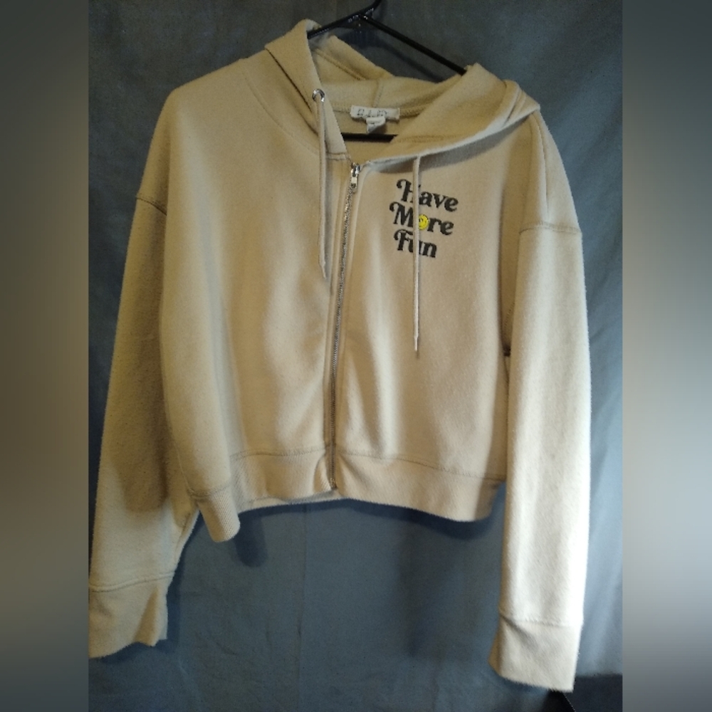 Have More Fun Cream Bird and stone smiley face zip up cropped Hoodie